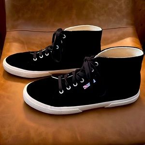 Women’s Black SUPERGA velvet high top sneakers.